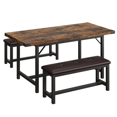63" Extendable 3-Piece Dining Table Set with 2 Upholstered Benches, Large Rectangle Kitchen & Dining Room Furniture for 4-6