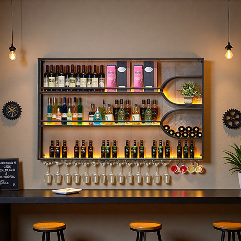 Wall-Mounted Iron Wine Rack with Glass Hooks
