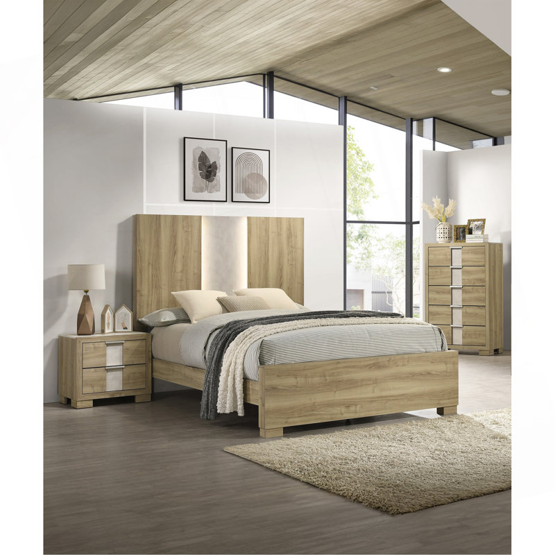 Lit à panneau 1pc contemporain avec éclairage intégré bois flotté, Queen