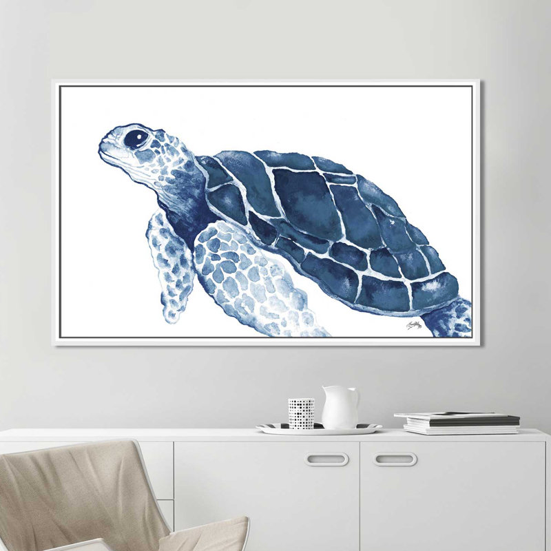 «Turtle in The Blues», reproduction de peinture acrylique, H 31,5 po x l 51,5 po x P 2 po, Cadre flottant blanc