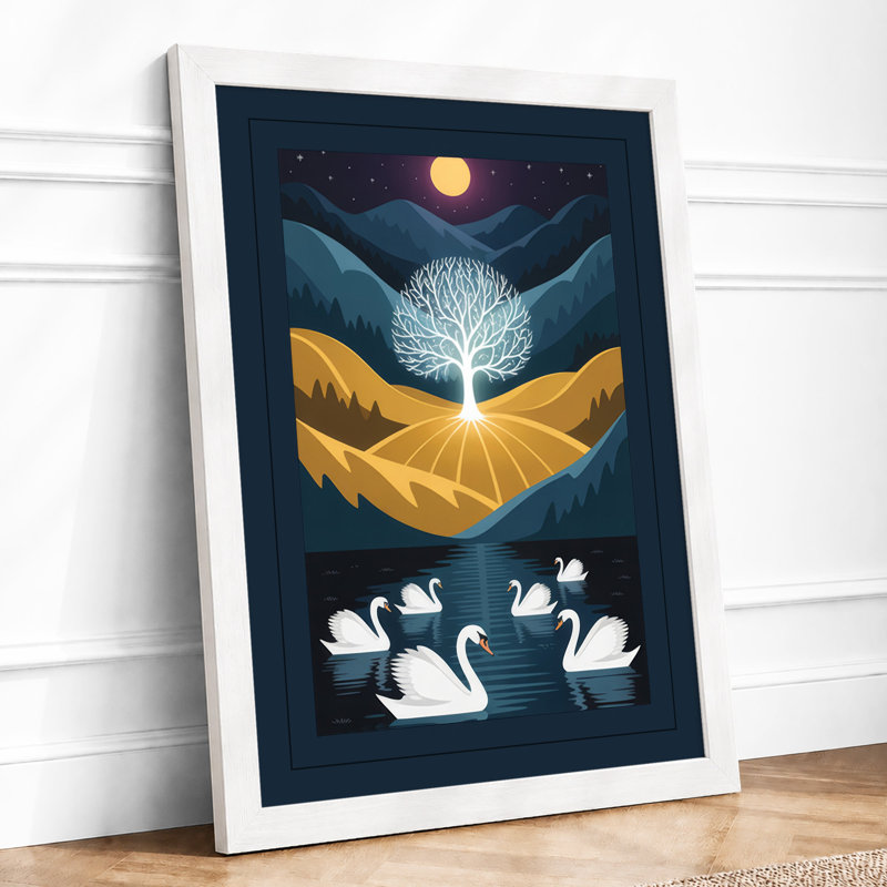 Moonlit Swans Modern - Print, A1 - 84.1 x 59.4 cm, White