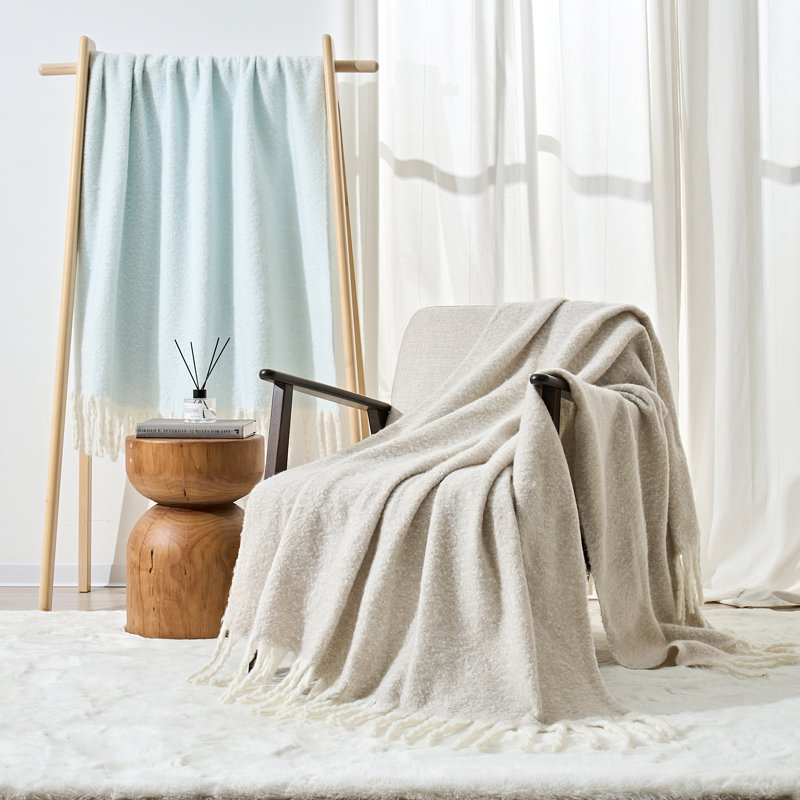 Faux Mohair Throw - Soft Fringed Blanket, Blue