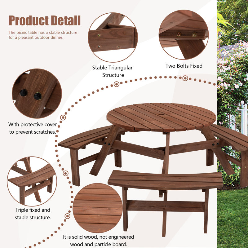 6-Person Circular Outdoor Wooden Picnic Table For Patio, Brown
