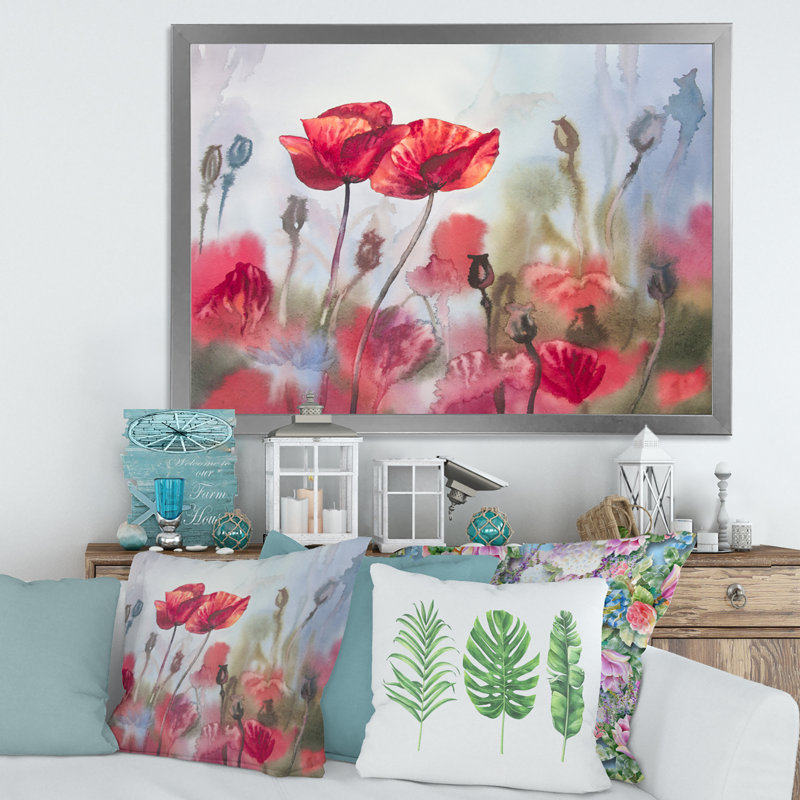 Blossoming Poppies in the Meadow - peinture sur toile, Cadre photo argenté, H 16 po x l 32 po x p 1 po