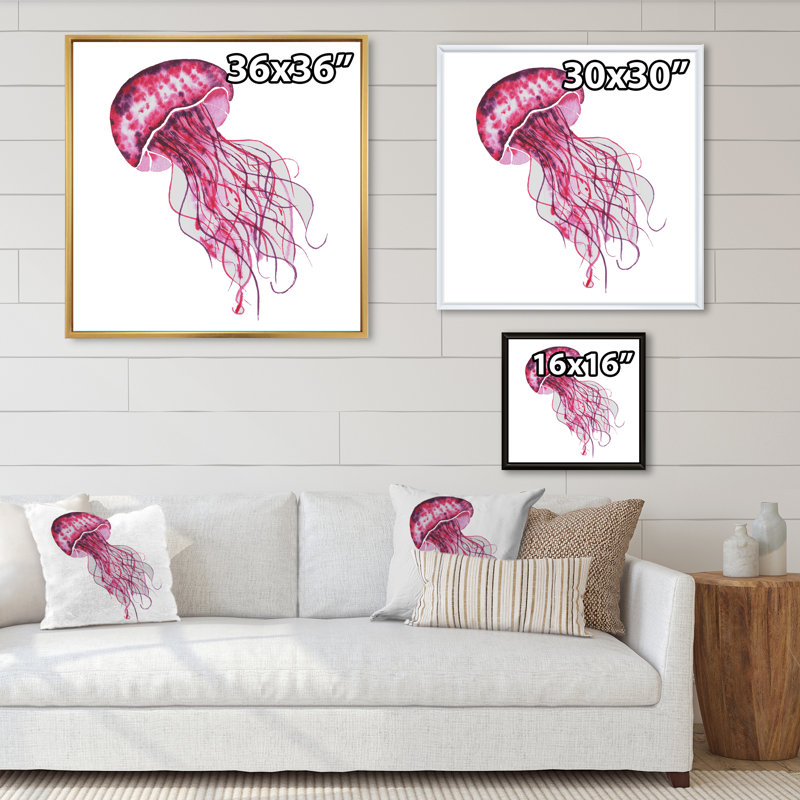 " Cute Pink Jellyfish " Painting Print, 30" H x 30" W x 1" D, Black Floater Framed Canvas