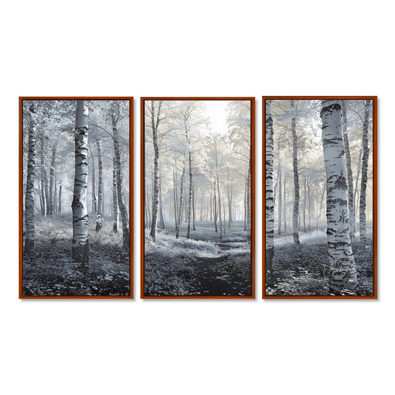 Bouleaux blancs dans la forêt d'hiver - ensemble de décorations murales paysage d'hiver, Toile avec cadre flottant brun