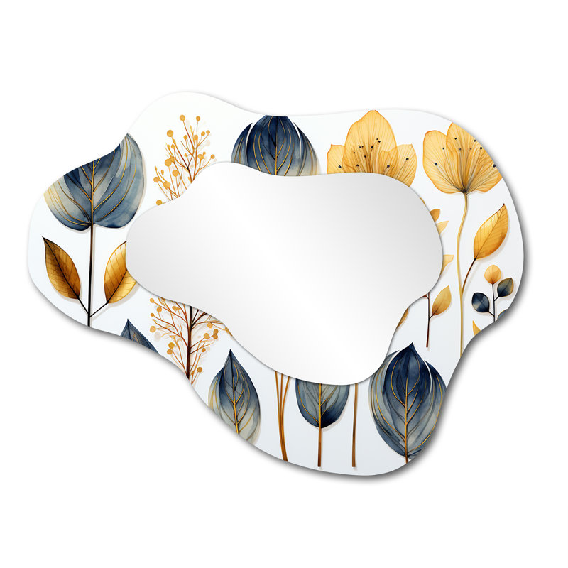 Collage Dried Autumn Botanicals - Leaves Asymmetrical Mirror, Grey Cloud Unique Wall Mirror, Printed Metal Art, 27" x 35"