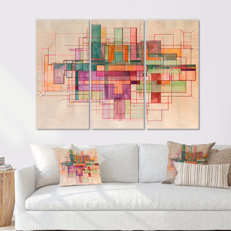 Vintage rétro qui se chevauchent I - ensemble d'art mural géométrique, Toile tendue, H 28 po x l 36 po x P 1 po