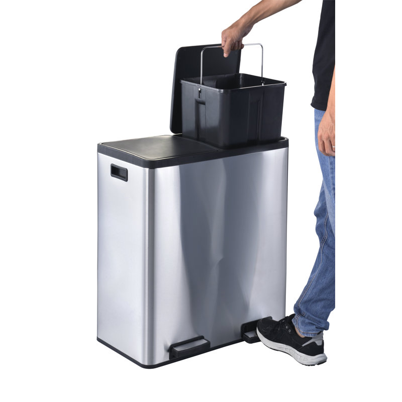 Stainless Steel Dual Compartment Soft-Step Trash and Recycling Bin