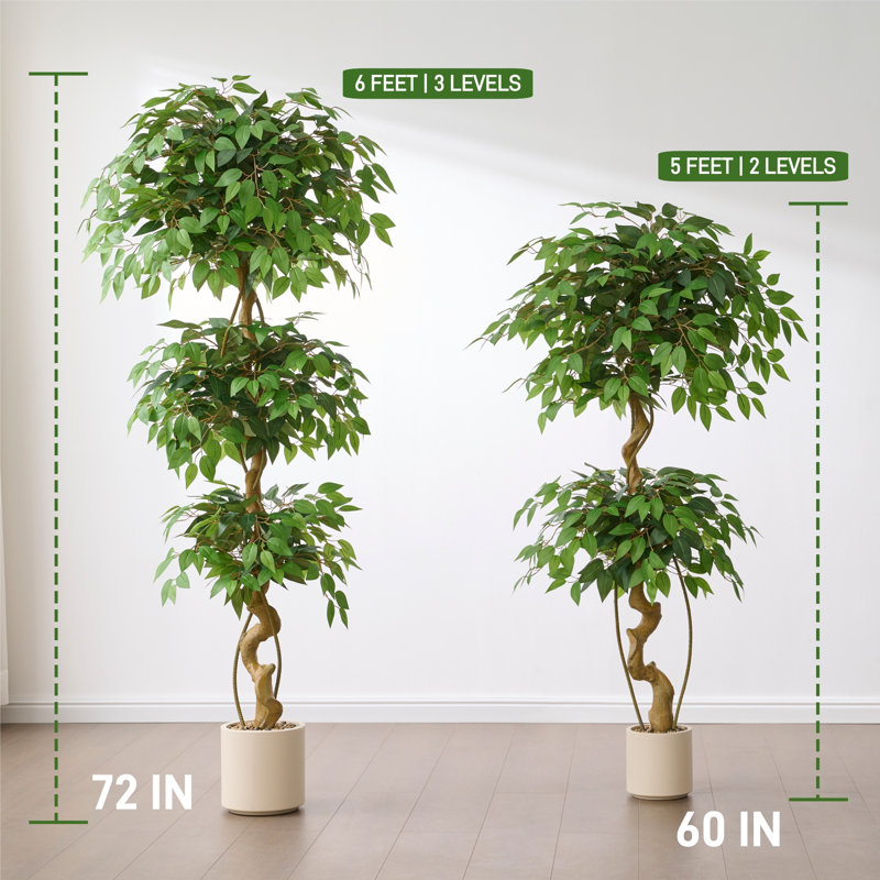 Ficus artificiel 5 pi / 6 pi - Topiaire artificiel avec tronc torsadé, auvent sphérique multicouche, feuilles de soie réalistes et pot blanc pour la décoration de salon de bureau