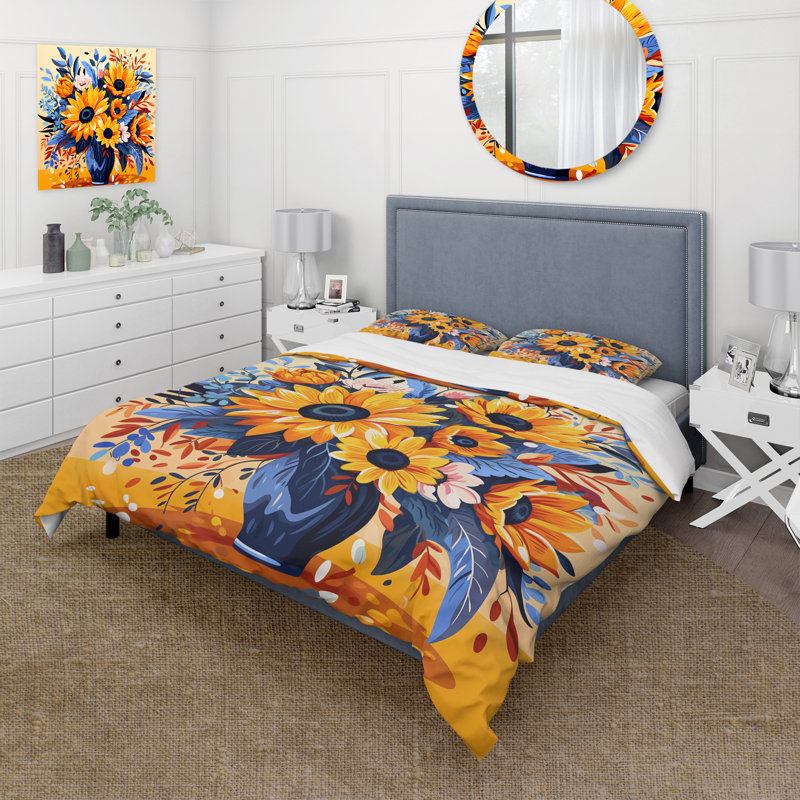 Ensemble de housse de couette jaune Boho Sunflower Bouquet Elegance I - Sunflower, Housse de couette pour lit simple