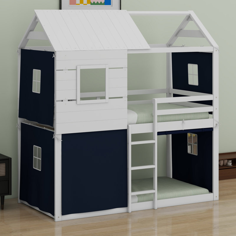 House Loft Bunk Bed With Tent, Ladders,Guardrail,Windows And Roof, Twin, Blue/White