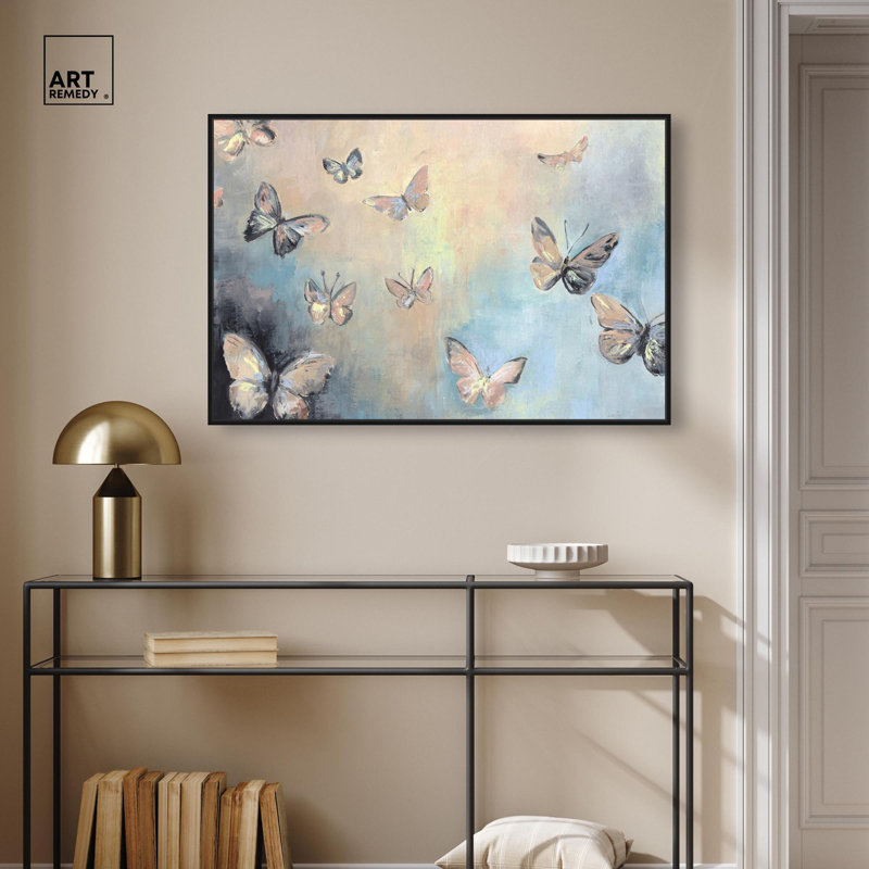 Décoration murale texturée «Butterflies I» par Art Remedy, H 25 po x l 37 po, Cadre flottant noir