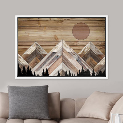 Western Wood Effect Landscape Mountain Range Forest Nature Wilderness - Floater Frame Graphic Art on Canvas
