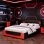 Grand lit tapissier moderne avec rangement relevable, lit plateforme de jeu
