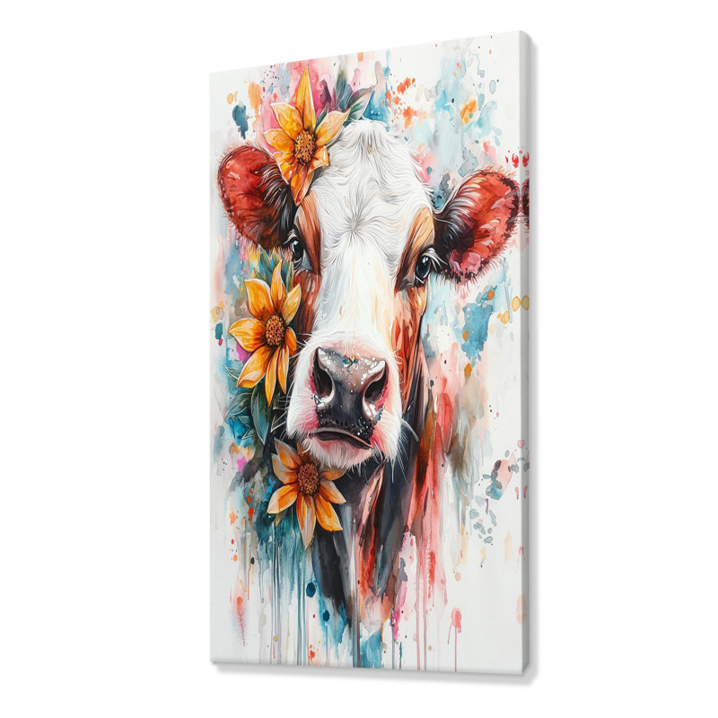 Keily Cow, peinture avec ferme, fleurs II, H 60 po x l 28 po, Toile tendue, Ne s’applique pas