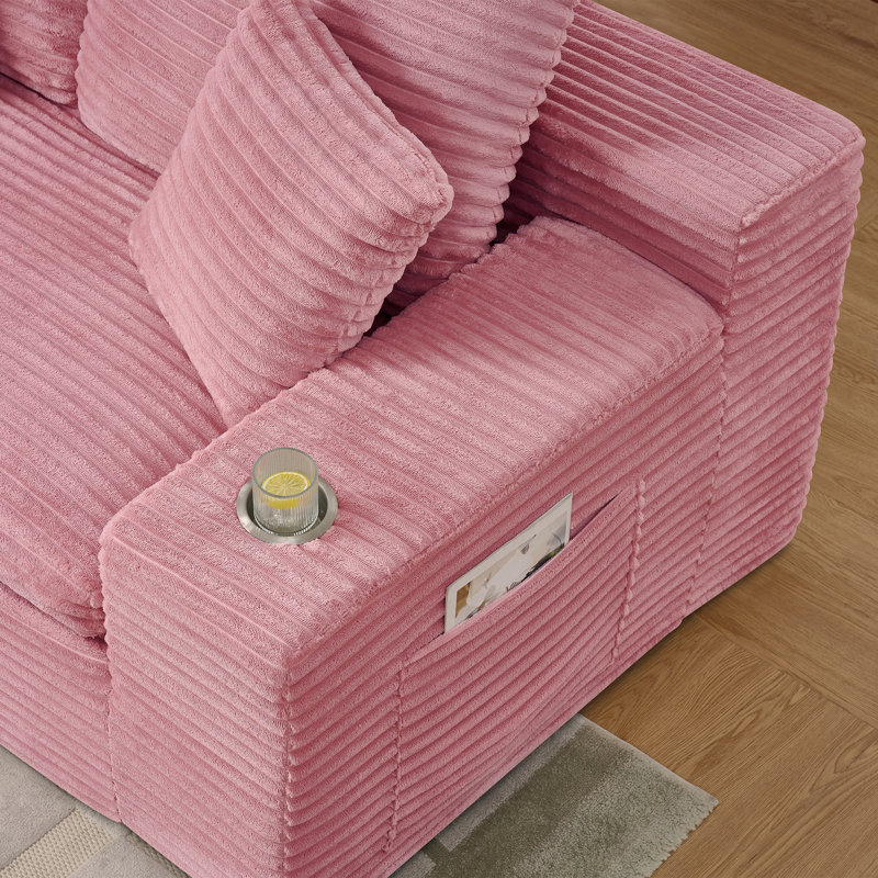 98.4" Corduroy Upholstered Modular Sofa, Compression Foam Bonless Sofa & Chaise with Cupholder and Side Pocket, Pink