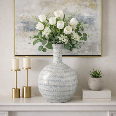  Mosaic Capiz Table Vase For Home Decor - Decorative Tall Vase For Shelves And Console Table Accent - Stylish Sculptural Decor For Dry Flowers - Blue