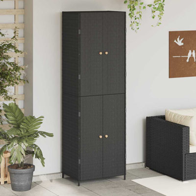 vidaXL Wooden Garden Storage Cabinet, Durable Poly Rattan, Water-Resistant, 4 Compartments, Outdoor Storage Cabinet, Powder-Coated Steel Frame, Solid Acacia Wood Knobs, 23.2"x15.7"x70.9", Black