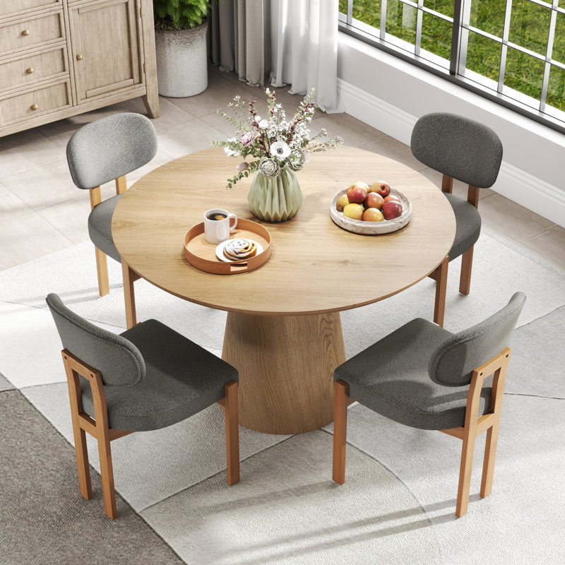 Mid Century Wooden Round Pedestal Dining Table Sets, Wood, Gray, 5 Pieces: Table, 4 Chairs