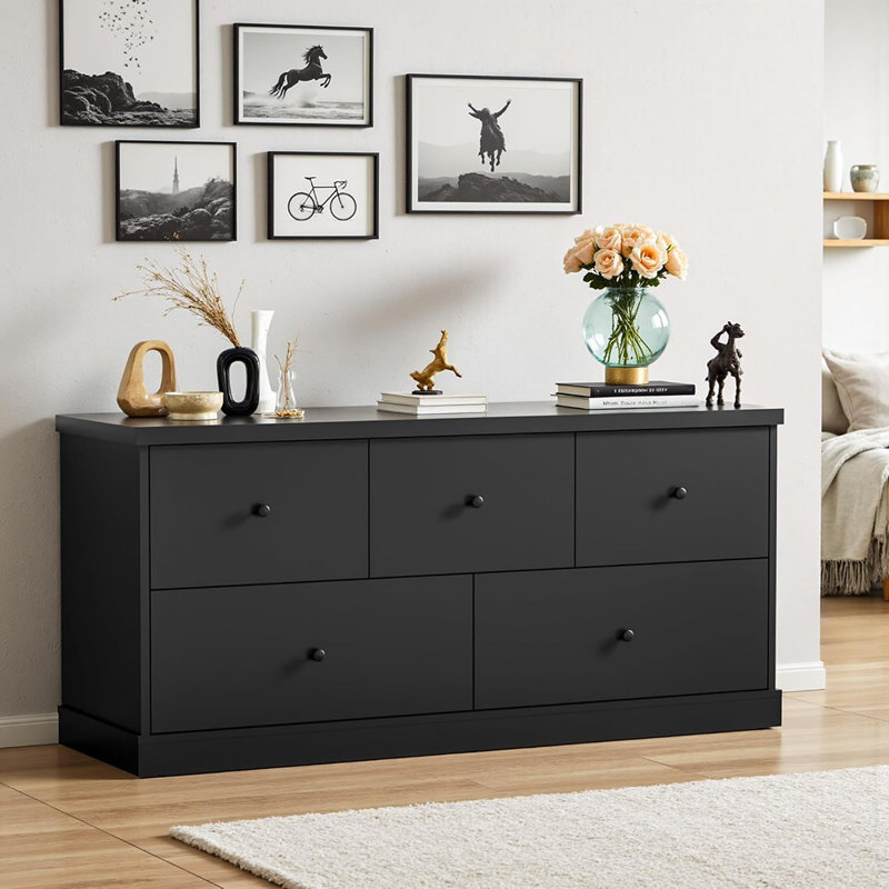 Commode pour chambre à coucher, commode large avec 5 tiroirs en bois, meuble télé, design moderne pour chambre à coucher, salon, couloir et entrée (noir)