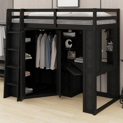 Lit mezzanine fonctionnel avec grande armoire, bureau et station de charge