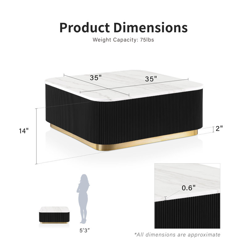 Kirtin Square Marble Cocktail Table With Gold Accent Base, Black