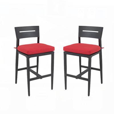 Tabourets de bar d'extérieur modernes 2PC avec dossier ergonomique, pieds fuselés, repose-pieds et coussin Sunbrella pour un confort résistant aux intempéries