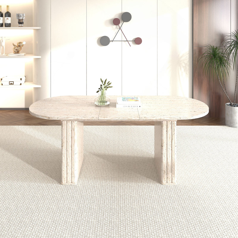 Kitchen Extendable Dining Table For 4-8 People, Oval Kitchen Table With Wooden Strip Base For Family Living Room, Beige