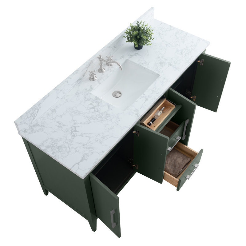 60'' Single Bathroom Vanity with Engineered Marble Top, Brushed Nickel, Vintage Green