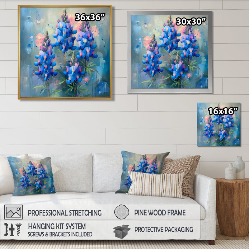 «Blue Pink Morning Dew Blue Bonnets» - décoration murale bonnets bleus, H 30 po x l 30 po x P 1 po, Toile tendue