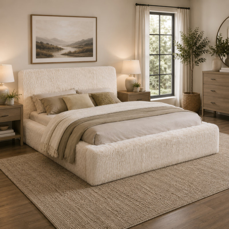 Lit à panneau très grand Beca, tête de lit en mousse, revêtement en fausse fourrure crème, moderne, King