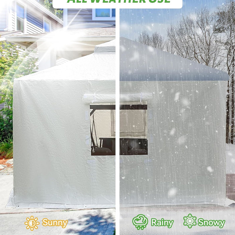 Housse pour abri de jardin d'extérieur 12 pi x 14 pi toutes saisons avec parois latérales, fenêtres en maille et coupe-vent blanc