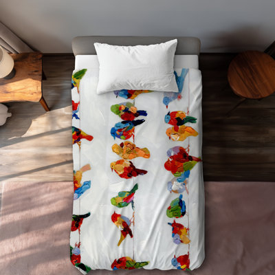 Green Bird Duvet Cover - Colorful Birds on a Wire Decor