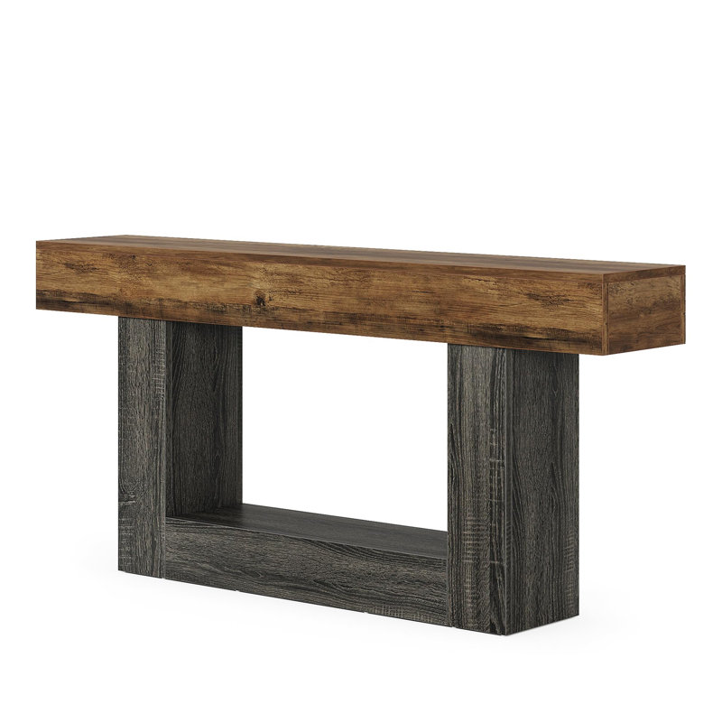 Console, plateau rectangulaire brun, base en U gris, 63 po