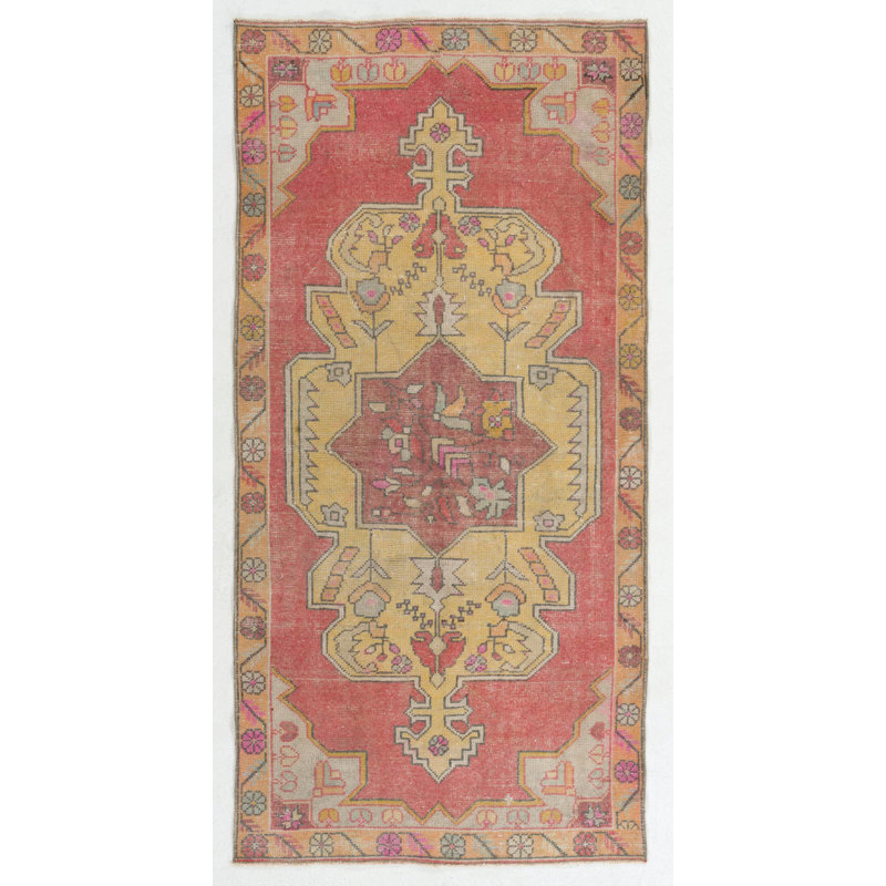 Tapis rétro Anatolian aux couleurs rouge vif, jaune, orange et rose