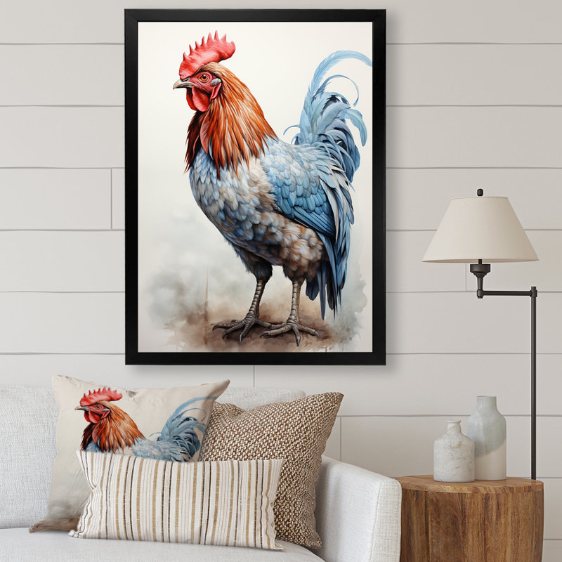 Strutting Rooster Majesty - poulet, art mural, H 32 po x l 16 po x P 1 po, Cadre photo noir