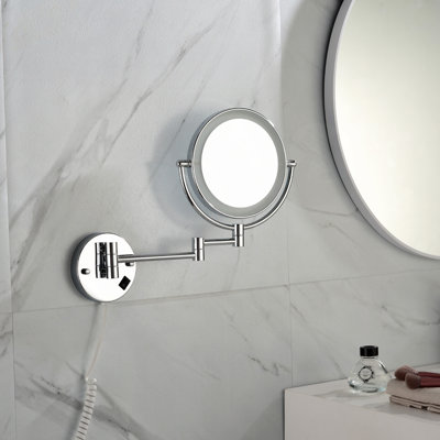 8" LED Wall Mount Two-Sided Magnifying Makeup Vanity Mirror 12" Extension Chrome Finish 1X/3X Magnification Plug 360 Degree Rotation Waterproof Button Shaving Mirror
