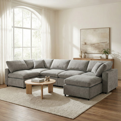 6 Seat Chenille Sectional Couch Set With Ottoman