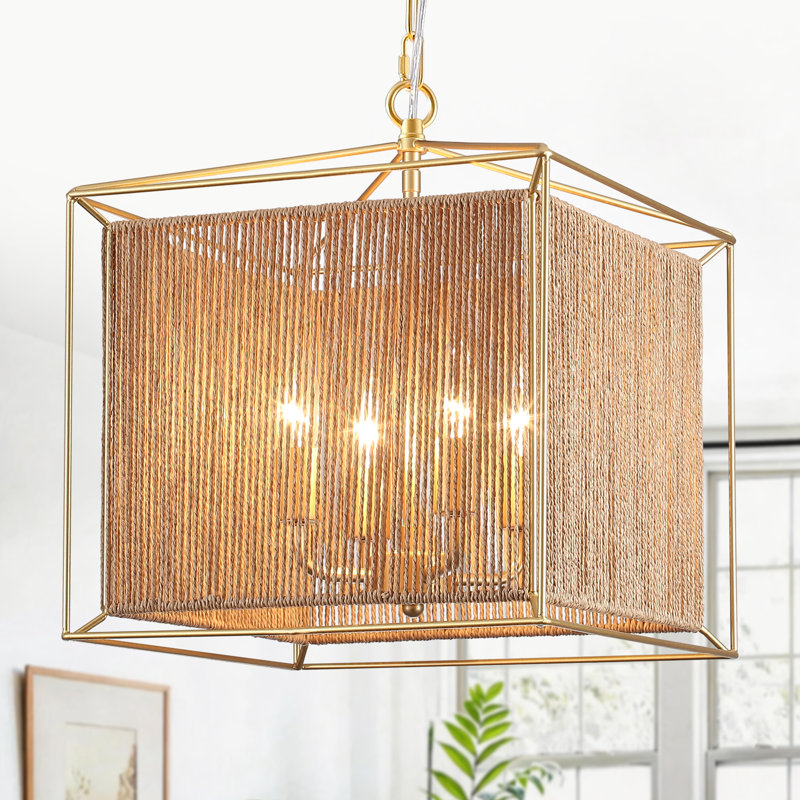 Lustre 4 lumières Coastal Boho Rattan avec abat-jour tissé à la main pour îlot de cuisine