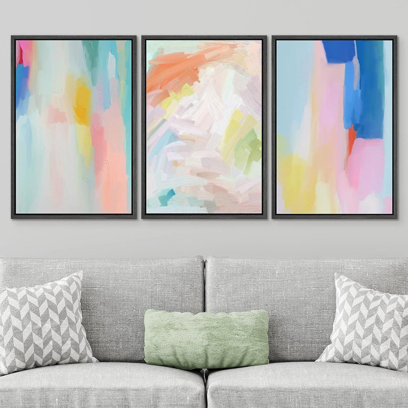 Aquarelle pastel arc-en-ciel, reproduction sur toile 3 pièces, Cadre noir, H 24 po x l 16 po x P 1,5 po