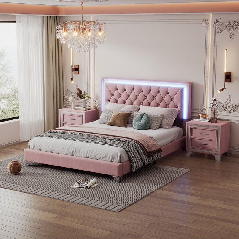 3-Piece Queen Bedroom Set With Upholstered LED Platform Bed & 2 Nightstands, Pink, Pink