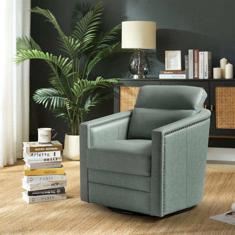 Alfonso 28.74'' Wide Genuine Leather Swivel Barrel Chair with Nailed Trim, Sage Pebbled Genuine Leather