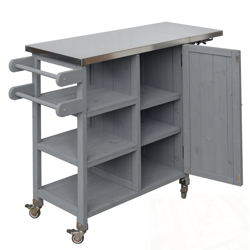 Outdoor Kitchen Island with Lockable Wheels, Storage Cabinet and Towel Rack, Gray