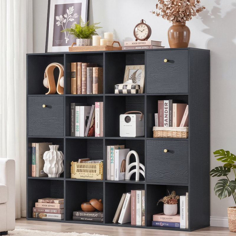 Ensemble de rangement modulaire 16 tiroirs avec tiroirs en tissu, bibliothèque noire en bois rustique et cloison, ensemble de 2