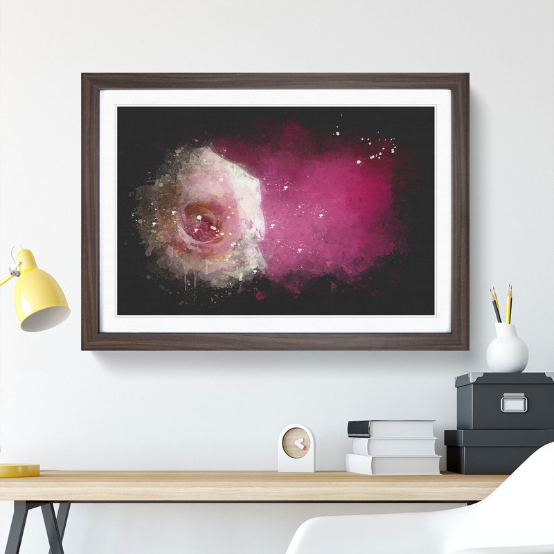Lone Pink Rose Paint Splash - Picture Frame Graphic Art, 24cm H x 33cm W x 2cm D, Walnut Framed