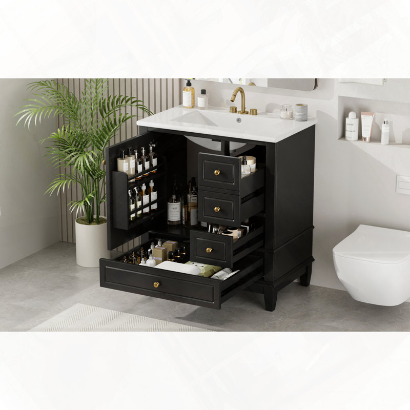 Meuble-lavabo de salle de bain avec lavabo, une porte et trois tiroirs, Noir