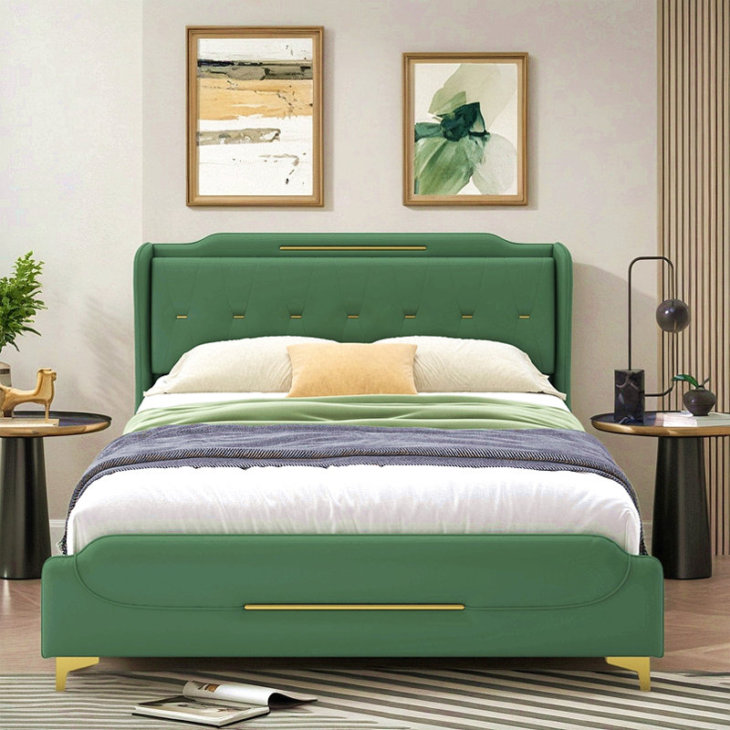 Structure de lit tapissier moderne, lit plateforme grand avec tête de lit à oreilles, revêtement en similicuir, aucun sommier nécessaire, silencieux, cadre de lit robuste pour la chambre à coucher, vert