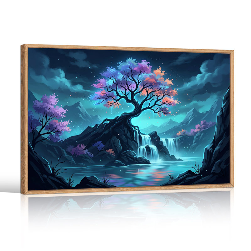 Arbre violet lumineux et cascade bleue sur toile foncée, H 36 po x l 48 po