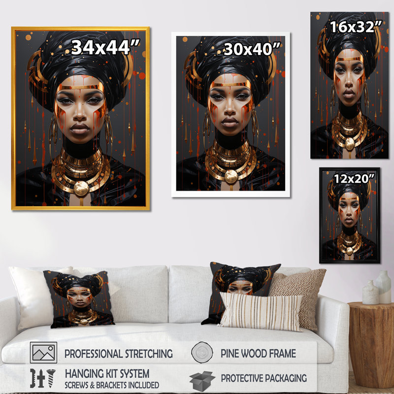 «Glass Gold and Black Woman Essence I», art mural africain, Cadre flottant noir, H 40 po x l 30 po x P 1,5 po